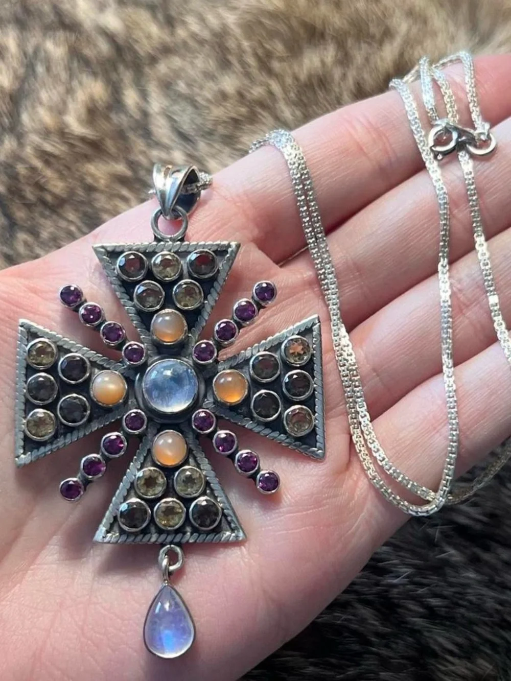 Sterling Nicky Butler Greek-Orthodox style gemstone cross pendant necklace